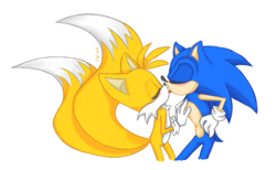 Size: 2325x1434 | Tagged: safe, artist:tanyawind, miles "tails" prower, sonic the hedgehog, fox, hedgehog, 2015, blushing, duo, eyes closed, gay, gloves, hand on another's chest, hand on hip, kiss, male, males only, shipping, simple background, sonic x tails, stading, tongue out, white background