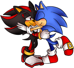 Size: 542x501 | Tagged: safe, artist:silvykinesis, sonic the hedgehog, hedgehog, blushing, duo, eyes closed, gay, gloves, holding each other, lidded eyes, looking at them, male, males only, shadow x sonic, shipping, shoes, simple background, smile, socks, transparent background