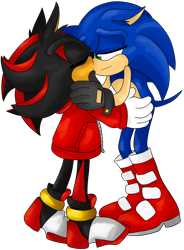 Size: 600x814 | Tagged: safe, artist:silvykinesis, shadow the hedgehog, sonic the hedgehog, hedgehog, 2013, boots, duo, eyes closed, floppy ears, gay, gloves, hugging, jacket, lidded eyes, male, males only, shadow x sonic, shipping, shoes, simple background, smile, standing, transparent background