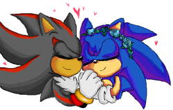Size: 438x281 | Tagged: safe, artist:silvykinesis, shadow the hedgehog, sonic the hedgehog, hedgehog, 2014, blushing, chest fluff, duo, eyes closed, flower crown, gay, gloves, hearts, holding each other, male, males only, shadow x sonic, shipping, simple background, smile, white background