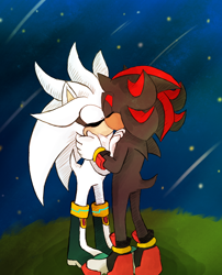 Size: 680x840 | Tagged: safe, artist:silvykinesis, shadow the hedgehog, silver the hedgehog, hedgehog, 2012, abstract background, boots, chest fluff, duo, eyes closed, gay, gloves, grass, holding each other, kiss, male, males only, nighttime, outdoors, shadow x silver, shipping, shoes, shooting star, standing, star (sky)