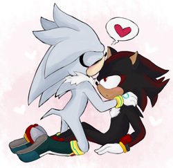 Size: 600x582 | Tagged: safe, artist:silvykinesis, shadow the hedgehog, silver the hedgehog, hedgehog, 2012, abstract background, blushing, boots, chest fluff, duo, eyes closed, gay, gloves, hands on another's shoulders, heart, kiss on head, looking up at them, male, males only, neck fluff, shadow x silver, shipping, shoes, sitting