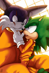 Size: 597x878 | Tagged: safe, artist:bbrangka, big the cat, scourge the hedgehog, cat, hedgehog, 2013, abstract background, crack shipping, duo, flirting, gay, gloves, looking at each other, male, males only, mouth open, pointing, prison, scar, scourig, shrunken pupils, sitting, standing, sweatdrop