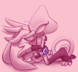 Size: 1128x1053 | Tagged: safe, artist:royalbootlace, espio the chameleon, silver the hedgehog, hedgehog, 2020, blushing, chameleon, duo, eyes closed, gay, gloves, heart, holding each other, kiss, lidded eyes, looking down at them, monochrome, pink, silvio, sitting on them, smile, socks