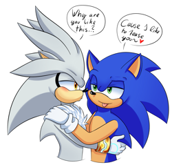 Size: 1083x1037 | Tagged: safe, artist:fire-for-battle, silver the hedgehog, sonic the hedgehog, hedgehog, 2020, blushing, chest fluff, dialogue, duo, gay, gloves, heart, holding each other, lidded eyes, looking at each other, male, males only, pout, shipping, simple background, sonilver, standing, tongue out, white background