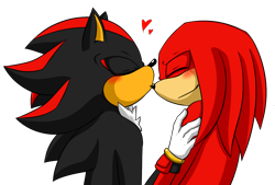 Size: 1000x676 | Tagged: safe, artist:fire-for-battle, knuckles the echidna, shadow the hedgehog, echidna, hedgehog, 2017, blushing, chest fluff, duo, eyes closed, gay, gloves, hand on another's chest, hearts, kiss, kiss on nose, knuxadow, shipping, simple background, speedpaint in description, transparent background