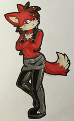 Size: 785x1280 | Tagged: safe, artist:isispy, fiona fox, fox, :<, angry, arms folded, belt, boots, chest fluff, frown, gender swap, jacket, looking at viewer, male, pants, solo, standing on one leg, traditional media