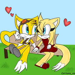 Size: 1280x1280 | Tagged: safe, artist:violetsox, miles "tails" prower, zooey the fox, bench, duo, heart, heart tail, holding hands, shipping, sitting, straight, tailsey