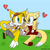 Size: 1280x1280 | Tagged: safe, artist:violetsox, miles "tails" prower, zooey the fox, bench, duo, heart, heart tail, holding hands, shipping, sitting, straight, tailsey
