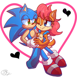 Size: 2000x2000 | Tagged: safe, artist:yoshiyoshi700, sally acorn, sonic the hedgehog, duo, heart, looking at each other, one eye closed, shipping, sonally, straight