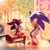 Size: 2651x2634 | Tagged: safe, artist:tolemim, shadow the hedgehog, sonic the hedgehog, hedgehog, abstract background, chaos emerald, duo, holding something, lineless, looking at something, male, males only, tree
