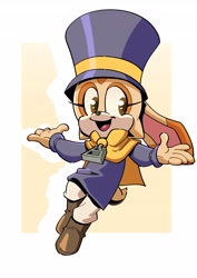 Size: 2895x4096 | Tagged: safe, artist:thenovika, cream the rabbit, a hat in time, abstract background, border, child, cosplay, female, hat kid, mid-air, solo