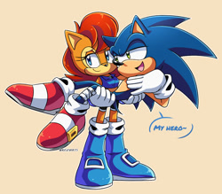 Size: 1200x1050 | Tagged: safe, artist:risziarts, sally acorn, sonic the hedgehog, carrying them, duo, shipping, simple background, sonally, straight, yellow background