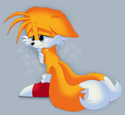 Size: 1800x1662 | Tagged: safe, artist:montyth, miles "tails" prower, fox, 2020, back view, blushing, chest fluff, clenched teeth, crying, ear fluff, floppy ears, gloves, grey background, lidded eyes, looking down, modern tails, sad, shoes, simple background, socks, solo, standing, tears of sadness