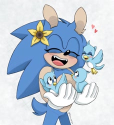 Size: 1280x1404 | Tagged: safe, artist:chelsiegeorgia, flicky, sonic the hedgehog, bird, hedgehog, 2020, abstract background, ambiguous gender, blushing, cute, ear fluff, eyes closed, fangs, flickybetes, flower, gloves, group, happy, heart, literal animal, looking at them, male, mouth open, sonabetes, standing