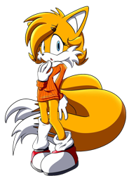 Size: 1024x1394 | Tagged: artist needed, source needed, safe, miles "tails" prower, fox, adult, aged up, chest fluff, female, gender swap, gloves, hair pin, jumper, leg fluff, looking at viewer, mouth open, shoes, shy, socks, solo, standing, v sign