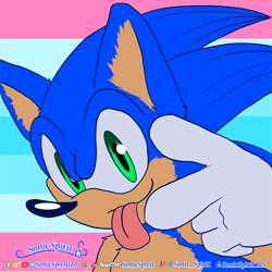 Size: 700x700 | Tagged: safe, artist:sonicspirit128, sonic the hedgehog, hedgehog, 2020, abstract background, chest fluff, looking at viewer, male, pride flag background, solo, tongue out, trans boy sonic, trans male, trans pride, transgender, transmasc pride, v sign