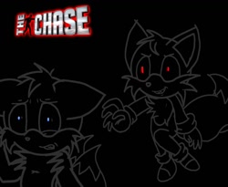Size: 1269x1042 | Tagged: safe, artist:taeko, miles "tails" prower, oc, oc:the chaser, fox, 2022, ambiguous gender, black background, chasing, chest fluff, clenched teeth, duo, floppy ears, gloves, logo, looking ahead, looking at them, male, mobius.social exclusive, monochrome, no source, outline, red eyes, running, scared, shoes, shrunken pupils, simple background, socks, the chase (tv show)