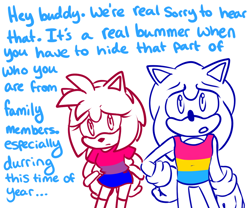 Size: 1200x1000 | Tagged: safe, artist:ask-3-hedgies, amy rose, sonic the hedgehog, bisexual pride, dialogue, duo, english text, frown, hand on hip, hands behind back, looking at viewer, monochrome, mouth open, pansexual pride, shirt, simple background, standing, talking to viewer, tank top, white background
