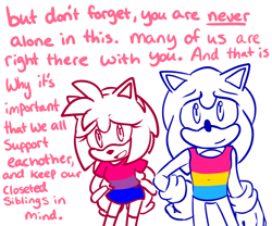 Size: 1200x1000 | Tagged: safe, artist:ask-3-hedgies, amy rose, sonic the hedgehog, hedgehog, bisexual pride, dialogue, duo, english text, female, hand on hip, hands behind back, male, monochrome, pansexual pride, simple background, standing, talking to viewer, white background