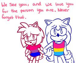 Size: 1200x1000 | Tagged: safe, artist:ask-3-hedgies, amy rose, sonic the hedgehog, hedgehog, bisexual pride, dialogue, duo, english text, female, hand on hip, hands behind back, looking at viewer, male, monochrome, pansexual pride, simple background, standing, talking to viewer, white background