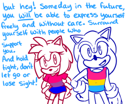 Size: 1200x1000 | Tagged: safe, artist:ask-3-hedgies, amy rose, sonic the hedgehog, hedgehog, bisexual pride, dialogue, duo, english text, female, hand on hip, hands behind back, male, monochrome, mouth open, pansexual pride, simple background, standing, talking to viewer, white background