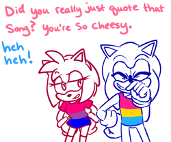 Size: 1200x1000 | Tagged: safe, artist:ask-3-hedgies, amy rose, sonic the hedgehog, hedgehog, bisexual pride, dialogue, duo, english text, eyes closed, female, hand on hip, hands behind back, laughing, lidded eyes, looking at them, male, monochrome, pansexual pride, raised eyebrow, simple background, standing, white background