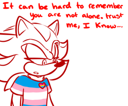 Size: 1200x1000 | Tagged: safe, artist:ask-3-hedgies, shadow the hedgehog, hedgehog, dialogue, english text, lidded eyes, looking down, male, monochrome, mouth open, pansexual pride, pride pin, shirt, simple background, solo, talking to viewer, trans male, trans pride, white background