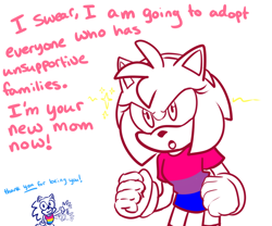 Size: 1200x1000 | Tagged: safe, artist:ask-3-hedgies, amy rose, sonic the hedgehog, bisexual pride, clenched fists, dialogue, duo, english text, female, looking at viewer, looking offscreen, male, pansexual pride, shirt, simple background, sparkles, talking to viewer, tank top, waving, white background