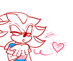 Size: 1200x1000 | Tagged: safe, artist:ask-3-hedgies, shadow the hedgehog, hedgehog, blowing a kiss, blushing, eyes closed, floppy ears, heart, lidded eyes, looking down, male, monochrome, mouth open, sfx, shirt, simple background, solo, trans male, trans pride, white background