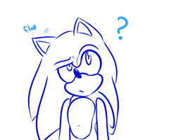 Size: 1000x800 | Tagged: safe, artist:ask-3-hedgies, sonic the hedgehog, hedgehog, confused, floppy ears, frown, looking up, male, monochrome, question mark, sfx, simple background, solo, standing, white background