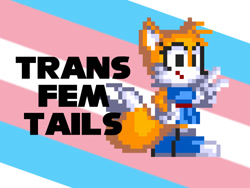 Size: 1000x750 | Tagged: safe, artist:_calcium, miles "tails" prower, fox, blue shoes, english text, female, looking at viewer, mod, pixel art, pride flag background, shirt, skirt, smile, solo, sonic the hedgehog 3, trans female, trans girl tails, trans pride, transgender, v sign