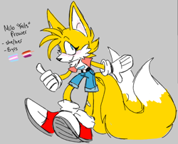 Size: 772x628 | Tagged: safe, artist:cosmic_fall, miles "tails" prower, fox, blushing, character name, english text, female, grey background, lesbian pride, looking up, modern tails, pride, simple background, smile, solo, thumbs up, trans female, trans girl tails, trans pride, transgender