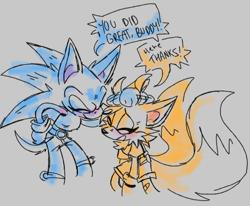 Size: 754x622 | Tagged: safe, artist:cosmic_fall, miles "tails" prower, sonic the hedgehog, fox, hedgehog, blushing, dialogue, duo, english text, eyes closed, female, females only, grey background, hand on another's head, leaning in, monochrome, praising, simple background, sisters, standing, trans female, trans girl sonic, trans girl tails, transgender