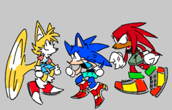 Size: 738x471 | Tagged: safe, artist:cosmic_fall, knuckles the echidna, miles "tails" prower, sonic the hedgehog, female, females only, flat colors, grey background, looking offscreen, modern style, no mouth, simple background, spinning tails, standing, team sonic, trans female, trans girl sonic, trans girl tails, transgender, trio