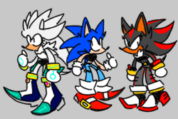 Size: 766x511 | Tagged: safe, artist:cosmic_fall, shadow the hedgehog, silver the hedgehog, sonic the hedgehog, hedgehog, sonic the hedgehog (2006), females only, flat colors, grey background, looking offscreen, no mouth, simple background, thumbs up, trans female, trans girl shadow, trans girl sonic, transgender, trio