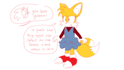 Size: 500x283 | Tagged: safe, artist:emirrart, miles "tails" prower, sonic the hedgehog, fox, hedgehog, arms out, child, dialogue, dress, duo, english text, female, flat colors, head only, male, mouth open, simple background, speech bubble, standing, trans female, trans girl tails, transgender, white background