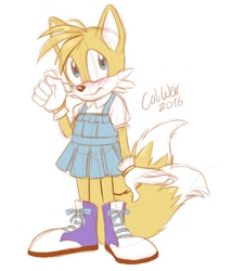 Size: 1280x1498 | Tagged: safe, artist:calweirart, miles "tails" prower, fox, 2016, blushing, boots, child, clenched fist, crossdressing, dress, femboy, gloves, looking up, male, signature, simple background, smile, solo, standing, white background