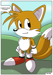 Size: 2893x4092 | Tagged: safe, artist:brossette, miles "tails" prower, fox, 2020, abstract background, child, classic tails, clenched fists, comic, dialogue, english text, looking offscreen, panels, smile, solo, speech bubble, standing