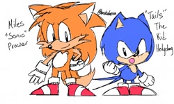 Size: 512x307 | Tagged: safe, artist:mikudecora, miles "tails" prower, sonic the hedgehog, fox, hedgehog, 2022, character name, duo, english text, looking at viewer, male, males only, simple background, species swap, standing, two tails, white background