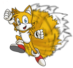 Size: 1090x1020 | Tagged: safe, artist:taeko, miles "tails" prower, fox, arm up, child, clenched fists, eyelashes, flying, gloves, looking at viewer, male, mobius.social exclusive, modern tails, mouth open, no source, redraw, shoes, simple background, socks, solo, sonic the hedgehog's buddy tails (issue 1), spinning tails, transparent background