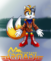 Size: 1602x1909 | Tagged: safe, artist:taeko, artist:zeldalegends4525, miles "tails" prower, fox, abstract background, adult, aged up, arms out, aviator jacket, bandana, belt, boots, english text, female, gloves, goggles on head, lesbian, logo, looking at viewer, mobius.social exclusive, mouth open, no source, older, one fang, pride pin, redesign, shorts, skirt, solo, standing, tails adventure armada (fanproject), trans female, transgender