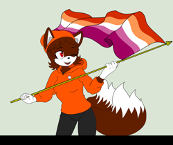 Size: 2792x2344 | Tagged: safe, artist:taeko, oc, oc:tory fox, fox, base used, beanie, female, flat colors, gloves, green background, holding something, hoodie, lesbian pride, looking up, mobius.social exclusive, mouth open, no source, one eye closed, pants, pride, pride flag, pride pin, red eyes, simple background, solo, standing, trans female, transgender, two tails