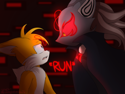 Size: 1280x960 | Tagged: safe, artist:alostchild276, infinite the jackal, miles "tails" prower, fox, jackal, sonic forces, abstract background, adult, aged up, back fluff, crying, dialogue, duo, duo male, ear fluff, english text, floppy ears, gay, glowing eyes, infinite's mask, looking at each other, looking down at them, male, males only, mouth open, neck fluff, older, out-of-character, phantom ruby, red sclera, shipping, shrunken pupils, tailfinite, tears of fear, this will end in sex
