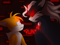 Size: 1280x960 | Tagged: safe, artist:alostchild276, infinite the jackal, miles "tails" prower, fox, jackal, sonic forces, abstract background, adult, aged up, alternate version, back fluff, clenched teeth, crying, dialogue, duo, duo male, ear fluff, english text, evil grin, floppy ears, gay, glowing eyes, looking at each other, looking down at them, male, males only, mouth open, neck fluff, older, out-of-character, phantom ruby, red sclera, shipping, shrunken pupils, tailfinite, tears of fear, this will end in sex, wall of tags