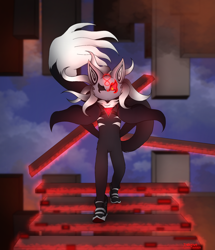 Size: 1280x1490 | Tagged: safe, artist:alostchild276, infinite the jackal, jackal, abstract background, cape, chest fluff, clouds, front view, glowing, hands behind back, infinite's mask, long tail, looking at viewer, male, phantom ruby, psychokinesis, solo, solo male, stairs, walking