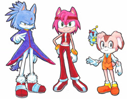 Size: 1024x799 | Tagged: safe, artist:askheroichamburger, amy rose, blaze the cat, cheese (chao), cream the rabbit, cat, chao, hedgehog, rabbit, 2013, angry, bow, child, frown, gender swap, gloves, hand on hip, looking at viewer, male, males only, neutral chao, simple background, smile, standing, sweatband, teenager, traditional media, trio, white background