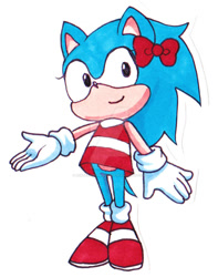 Size: 794x1007 | Tagged: safe, artist:askheroichamburger, sonic the hedgehog, hedgehog, 2013, arm out, bow, classic sonic, deviantart watermark, female, gender swap, gloves, looking at viewer, shirt, smile, socks, solo, standing, traditional media
