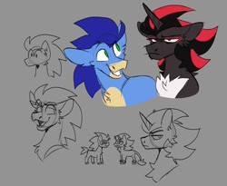 Size: 1220x1000 | Tagged: safe, artist:rockin_candies, shadow the hedgehog, sonic the hedgehog, duo, earth pony, featured image, grey background, male, males only, ponified, simple background, species swap, unicorn