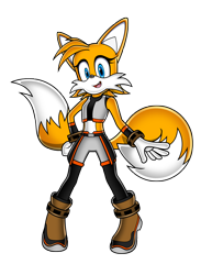 Size: 3000x4105 | Tagged: safe, artist:evoheaven, miles "tails" prower, fox, adult, aged up, crop top, eyelashes, female, gender swap, gloves, hand on hip, looking at viewer, mouth open, older, redesign, shoes, shorts, simple background, smile, solo, standing, tights, transparent background, uekawa style